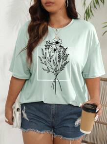 INAWLY Plus Floral Print Drop Shoulder Tee Graphic Tees Women Tops