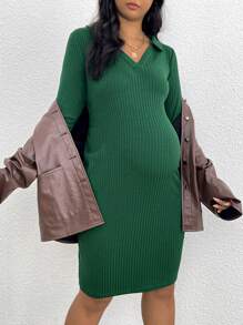 SHEIN Maternity Plus Ribbed Knit Bodycon Dress - Green - View 3