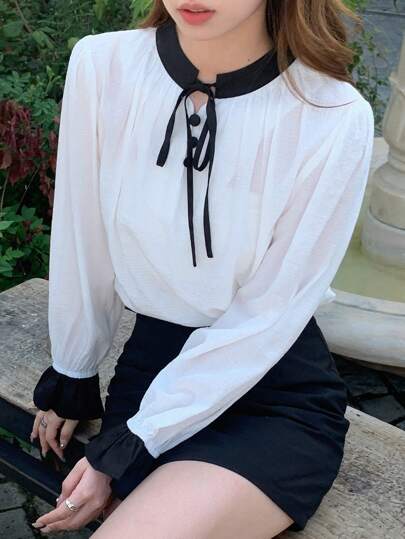 DAZY 拼接邊繫帶領喇叭袖襯衫