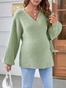 SHEIN Áo len Bà bầu Trọn gói Thắt nút màu trơn Giải trí - Màu xanh Bạc hà - Xem 3