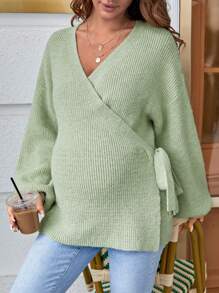 SHEIN Áo len Bà bầu Trọn gói Thắt nút màu trơn Giải trí - Màu xanh Bạc hà - Xem 4