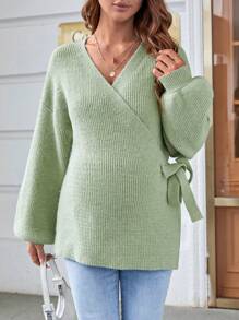 SHEIN Áo len Bà bầu Trọn gói Thắt nút màu trơn Giải trí - Màu xanh Bạc hà - Xem 5