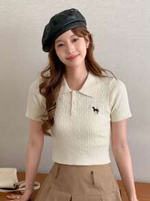 DAZY 繡花細節抗縮polo領短款針織上衣 - 杏色 - 查看 4
