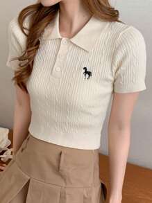 DAZY 繡花細節抗縮polo領短款針織上衣 - 杏色 - 查看 5