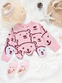 Baby Girl Cartoon Pattern Asymmetrical Hem Sweater - Pink - View 1