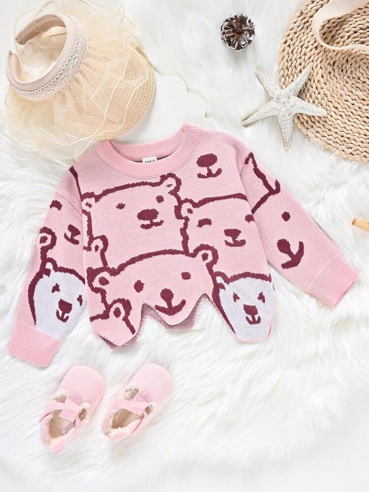 Baby Girl Cartoon Pattern Asymmetrical Hem Sweater