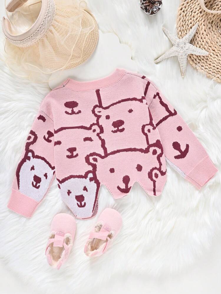 Baby Girl Cartoon Pattern Asymmetrical Hem Sweater