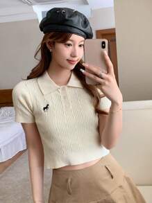 DAZY 繡花細節抗縮polo領短款針織上衣 - 杏色 - 查看 8