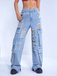 SHEIN ICON Ripped Flap Pocket Cargo Jeans - Light Wash - View 1