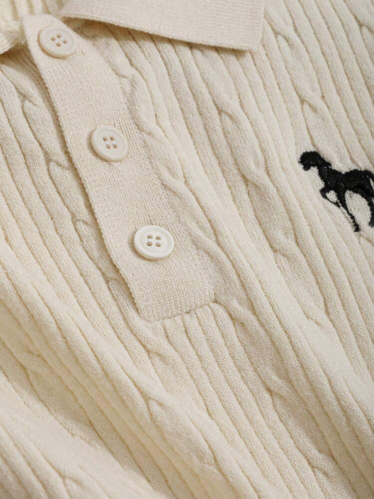Embroidery Detail Polo Neck Crop Knit Top