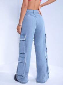 SHEIN ICON Ripped Flap Pocket Cargo Jeans - Light Wash - View 2
