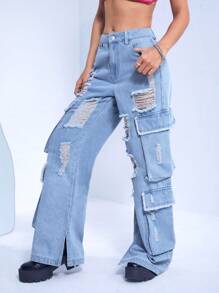 SHEIN ICON Ripped Flap Pocket Cargo Jeans - Light Wash - View 6