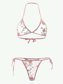 Butterfly Embroidery Mesh Lingerie Set - Pink - View 3