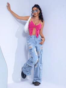 SHEIN ICON Ripped Flap Pocket Cargo Jeans - Light Wash - View 3