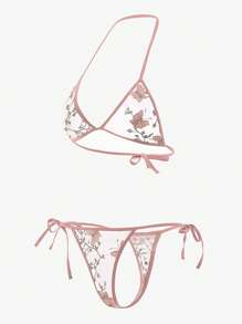 Butterfly Embroidery Mesh Lingerie Set - Pink - View 5