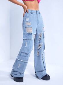 SHEIN ICON Ripped Flap Pocket Cargo Jeans - Light Wash - View 5