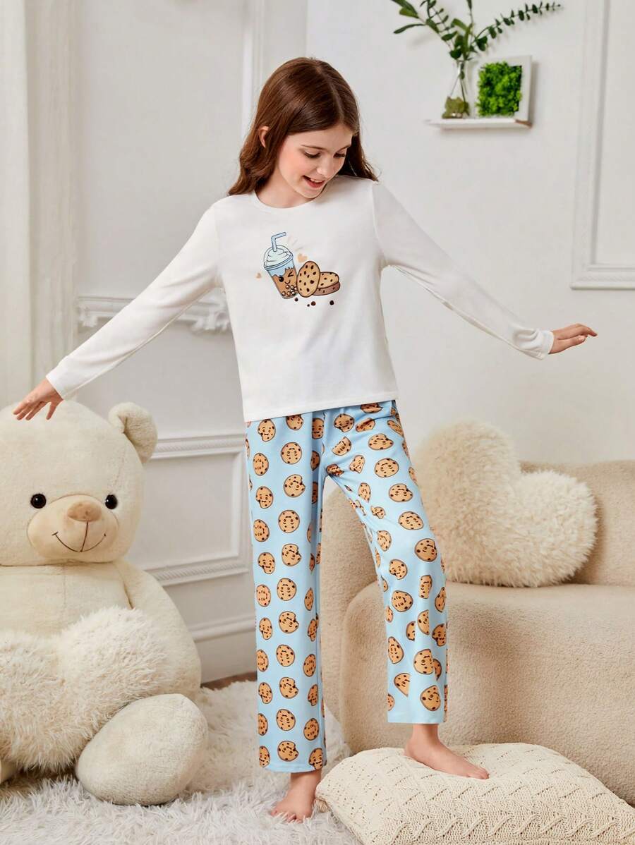 SHEIN Cô gái Tween Đồ họa Hoạt hình Bộ áo Tee & quần PJ - Xanh và trắng - Xem 1