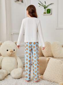 SHEIN Cô gái Tween Đồ họa Hoạt hình Bộ áo Tee & quần PJ - Xanh và trắng - Xem 2