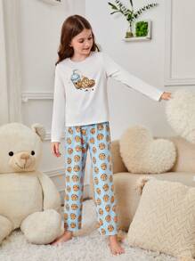 SHEIN Cô gái Tween Đồ họa Hoạt hình Bộ áo Tee & quần PJ - Xanh và trắng - Xem 3