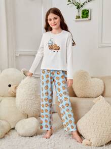 SHEIN Cô gái Tween Đồ họa Hoạt hình Bộ áo Tee & quần PJ - Xanh và trắng - Xem 4