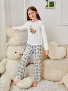 SHEIN Cô gái Tween Đồ họa Hoạt hình Bộ áo Tee & quần PJ - Xanh và trắng - Xem 5