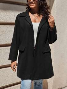 SHEIN LUNE Plus Lapel Neck Flap Detail Overcoat - Black - View 5