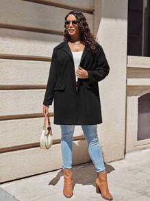 SHEIN LUNE Plus Lapel Neck Flap Detail Overcoat - Black - View 3