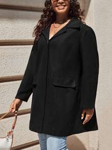 SHEIN LUNE Plus Lapel Neck Flap Detail Overcoat - Black - View 4