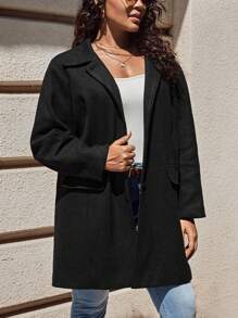 SHEIN LUNE Plus Lapel Neck Flap Detail Overcoat - Black - View 1