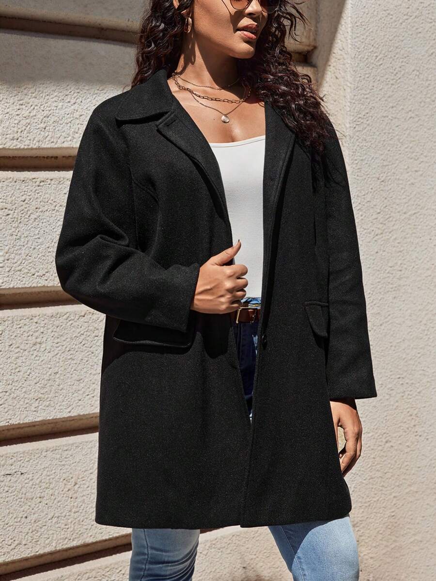 SHEIN LUNE Plus Lapel Neck Flap Detail Overcoat - Black - View 1
