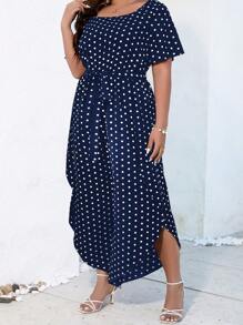 SHEIN LUNE Plus Polka Dot Print Belted Curved Hem Jumpsuit - Navy Blue - View 1