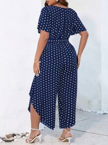 SHEIN LUNE Plus Polka Dot Print Belted Curved Hem Jumpsuit - Navy Blue - View 2
