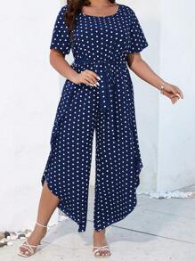 SHEIN LUNE Plus Polka Dot Print Belted Curved Hem Jumpsuit - Navy Blue - View 3