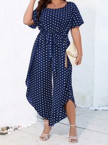 SHEIN LUNE Plus Polka Dot Print Belted Curved Hem Jumpsuit - Navy Blue - View 4