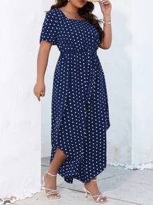 SHEIN LUNE Plus Polka Dot Print Belted Curved Hem Jumpsuit - Navy Blue - View 5