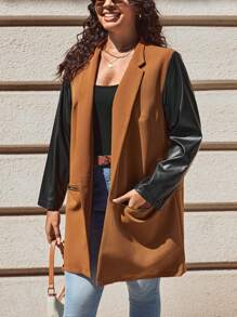 SHEIN LUNE Plus Contrast PU Leather Sleeve Open Front Coat - Multicolor - View 1