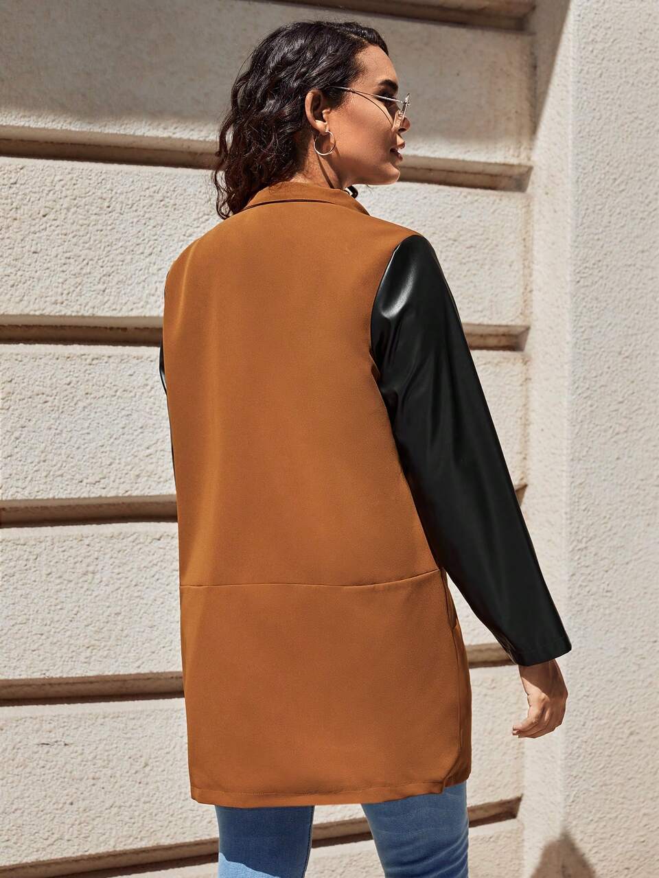 Plus Contrast PU Leather Sleeve Open Front Coat