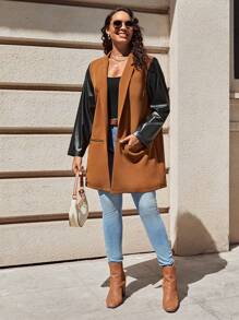 SHEIN LUNE Plus Contrast PU Leather Sleeve Open Front Coat - Multicolor - View 3