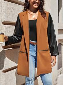 SHEIN LUNE Plus Contrast PU Leather Sleeve Open Front Coat - Multicolor - View 4