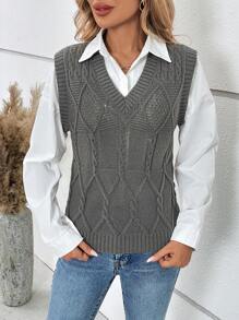 SHEIN Essnce 1pc Cable Knit Sweater Vest Without Blouse - Grey - View 1