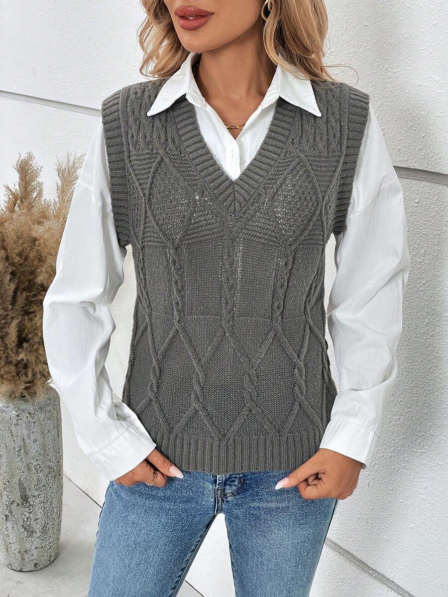 SHEIN Essnce 1pc Cable Knit Sweater Vest Without Blouse - Grey - View 1