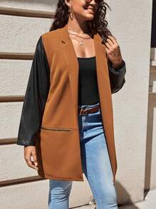 SHEIN LUNE Plus Contrast PU Leather Sleeve Open Front Coat - Multicolor - View 5