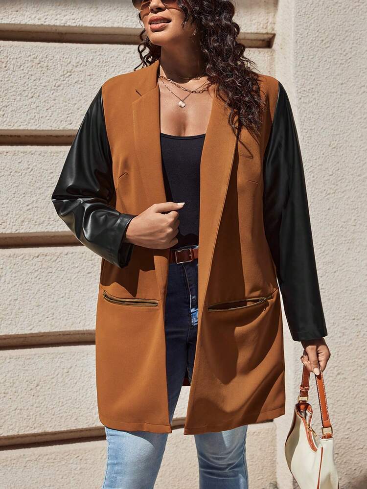 Plus Contrast PU Leather Sleeve Open Front Coat
