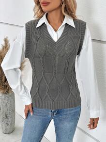 SHEIN Essnce 1pc Cable Knit Sweater Vest Without Blouse - Grey - View 3