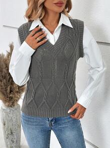 SHEIN Essnce 1pc Cable Knit Sweater Vest Without Blouse - Grey - View 4