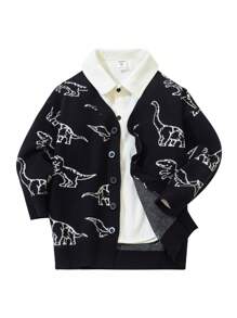 SHEIN Chàng trai trẻ 1 Miếng Đồ họa khủng long Nút phía trước Áo len Mở - màu đen - Xem 1