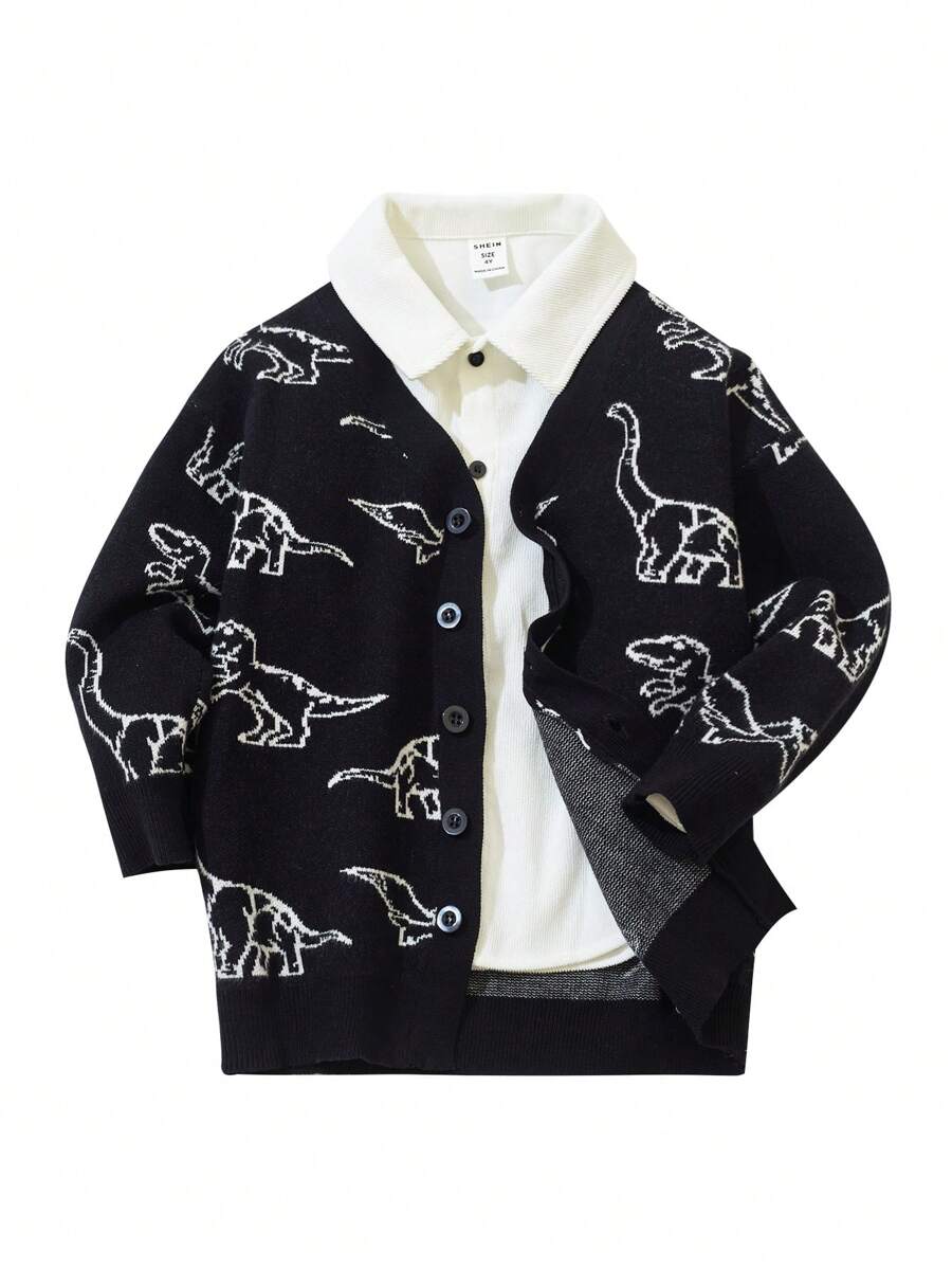 SHEIN Chàng trai trẻ 1 Miếng Đồ họa khủng long Nút phía trước Áo len Mở - màu đen - Xem 1