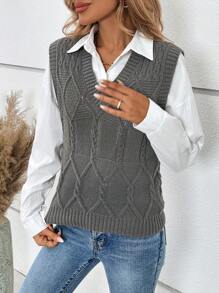 SHEIN Essnce 1pc Cable Knit Sweater Vest Without Blouse - Grey - View 5