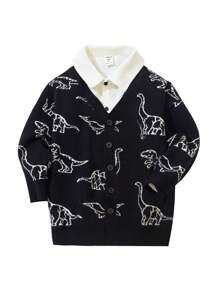 SHEIN Chàng trai trẻ 1 Miếng Đồ họa khủng long Nút phía trước Áo len Mở - màu đen - Xem 3