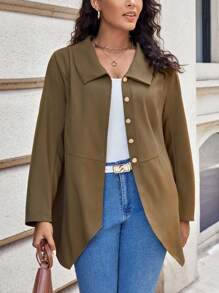 SHEIN LUNE Hơn Chất rắn Nút phía trước Viền không đối xứng áo - màu nâu - Xem 4